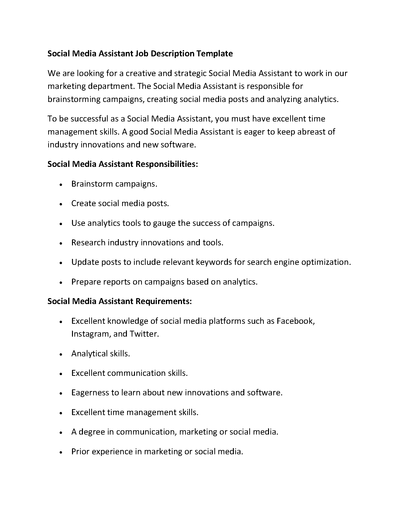 Social Media Assistant Job Description Template